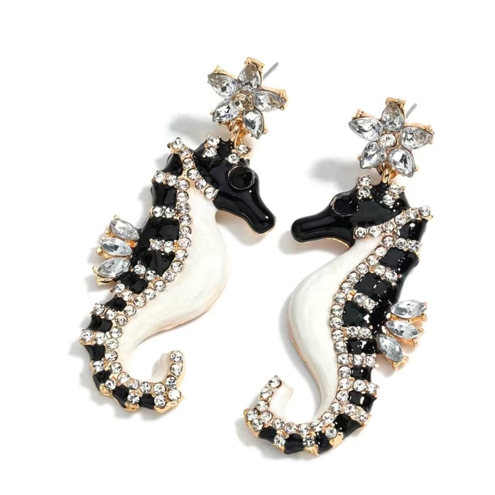 Seahorse Earrings Black and White Enameled Rhinestones